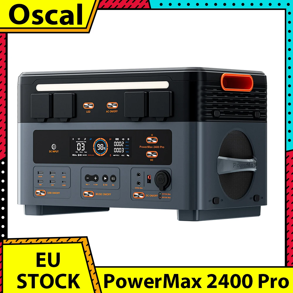 Station d'alimentation portable Oscal PowerMax 2400 Pro, générateur extérieur 2016Wh 2400W, 3500+ cycles LiFePO4, double haut-parleurs, application intelligente
