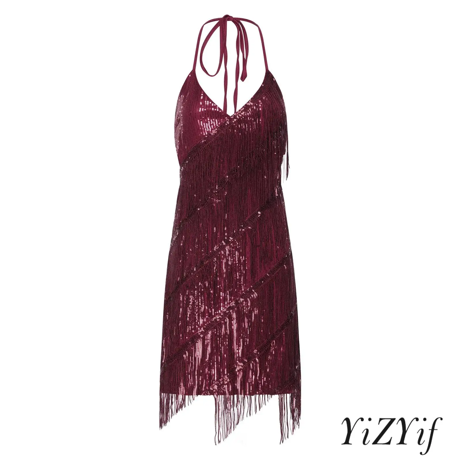 

Women Latin Tango Sequin Dress V Neck Open Back Tiered Sequin Tassel Lace-up Bodycon Mini Dress Dancewear for Chacha Rumba Salsa