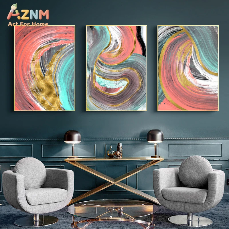 AZNM Pink Teal Gold Abstract Marble Canvas Wall Art Print, Modern Swirl Fluid Painting Decor, No Frame