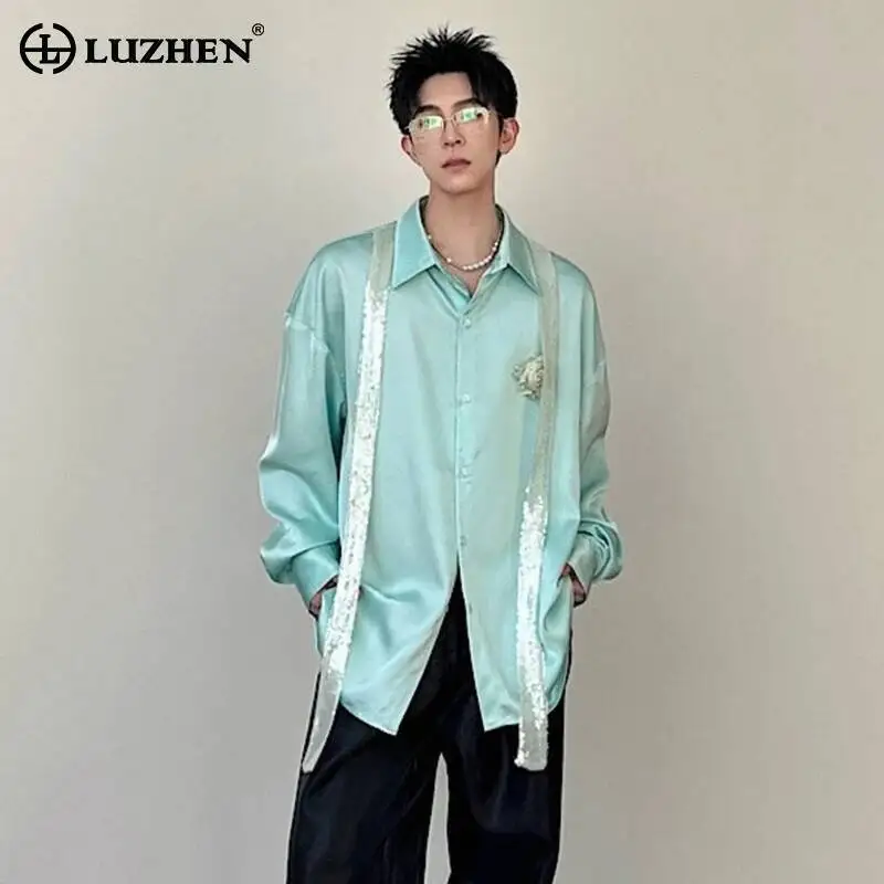 

LUZHEN 2026 New Sequin Ribbon Decorate Three-dimensional Patchwork Long Sleeve Shirt Men's Trendy Solid Color Casual Tops JY6754