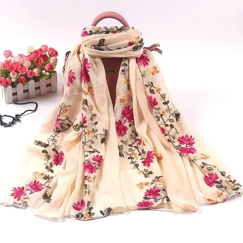 

Headscarf Soft Wraps Headband Summer Sunscreen Shawls Fashion Embroidery Floral Embroider Scarf Hijab Women Muslim Beach L19