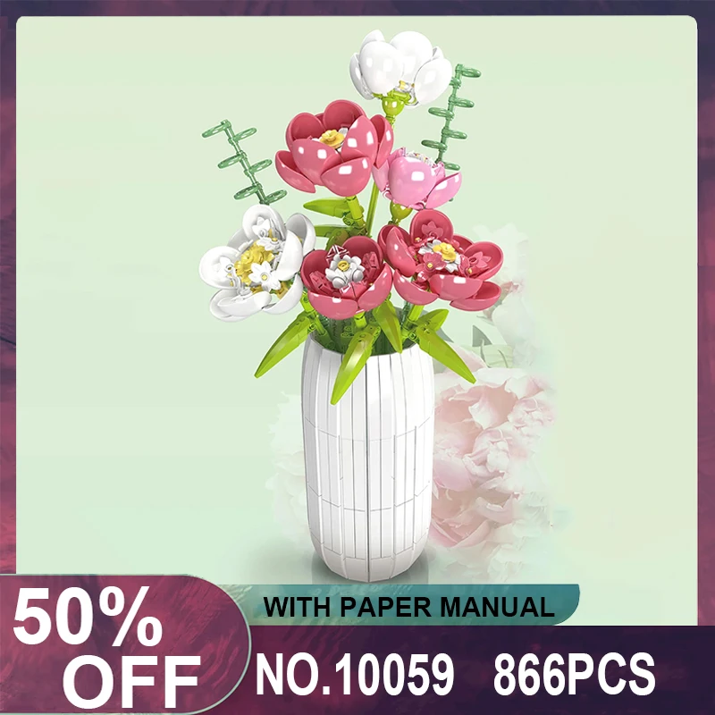 

Mould King 10059 Flower Bouquet Building Block The Chinese Peony with Vase Model Assembly Decoration Toys Kids Christmas Gift