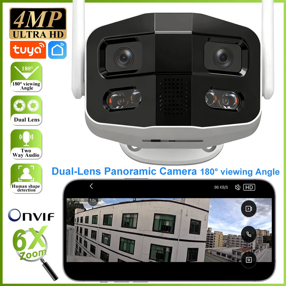 

Tuya 4MP HD Dual-Lens Large wide 180°Security Outdoor WiFi Camera With Color Night Vision Siren 2-Way Talk Waterproof IP Cam
