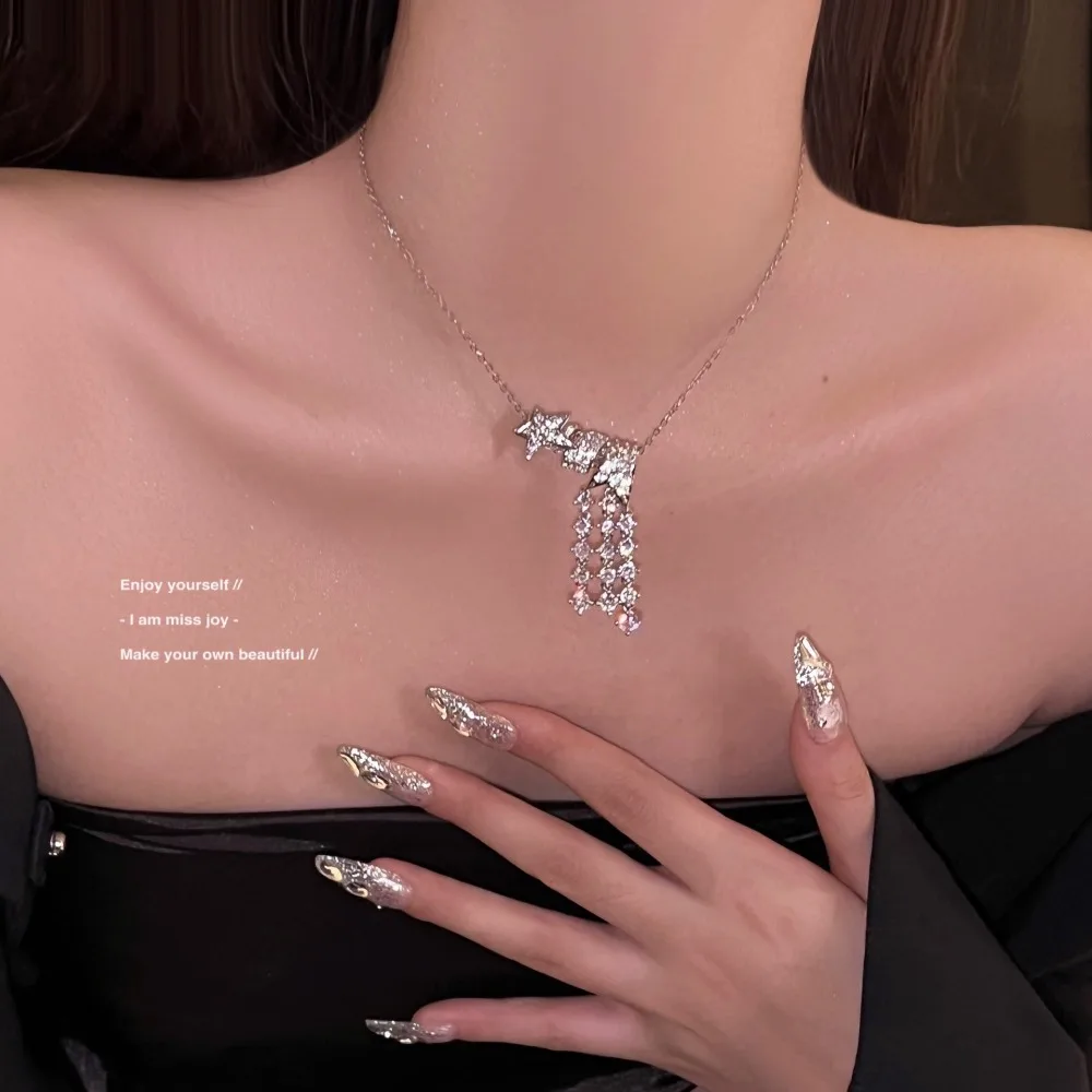 

Comet Tassel Necklace Silver Collarbone Chain Sparkling Diamond Star Versatile for Women