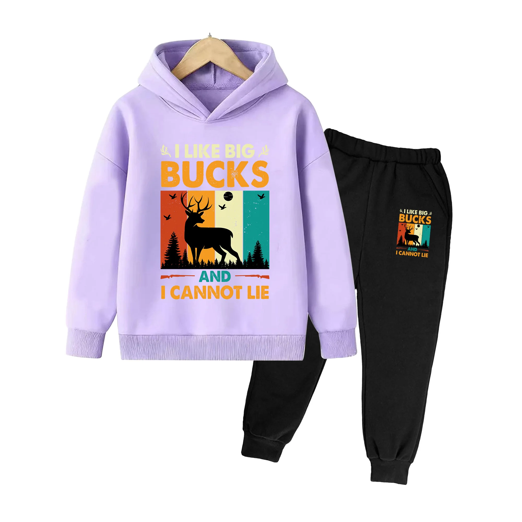 Kids Hoodie & Pants Set, Retro Big Bucks Print Casual Sportswear for Boys Girls Hunting Outdoor