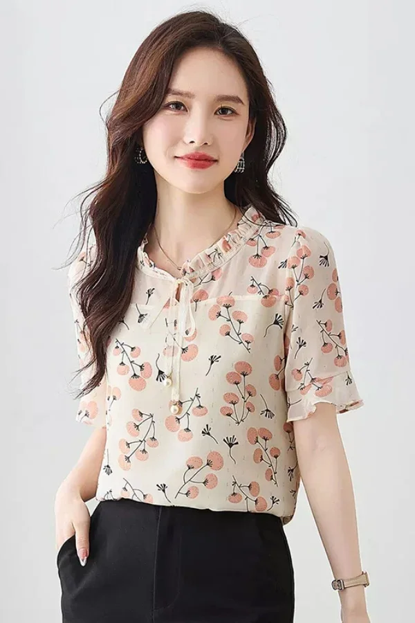 

Short-sleeved Floral Chiffon Top Fresh Women's High-end Shirt