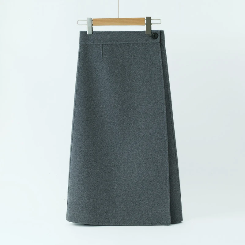 100% Wool One - Piece Midi Skirt, Button Design, Slim - Fit & Solid Color, Warm and Figure - Flattering
