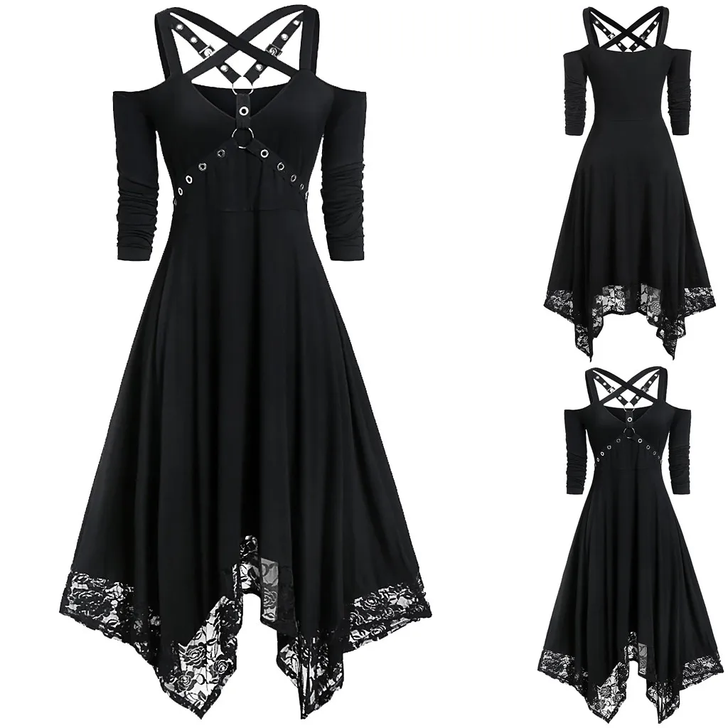 Gothic Halloween Dress Women Black Off Shoulder Lace Patchwork Punk Rock Cross Strap Sexy Vintage Midi Vestido Платье Летнее