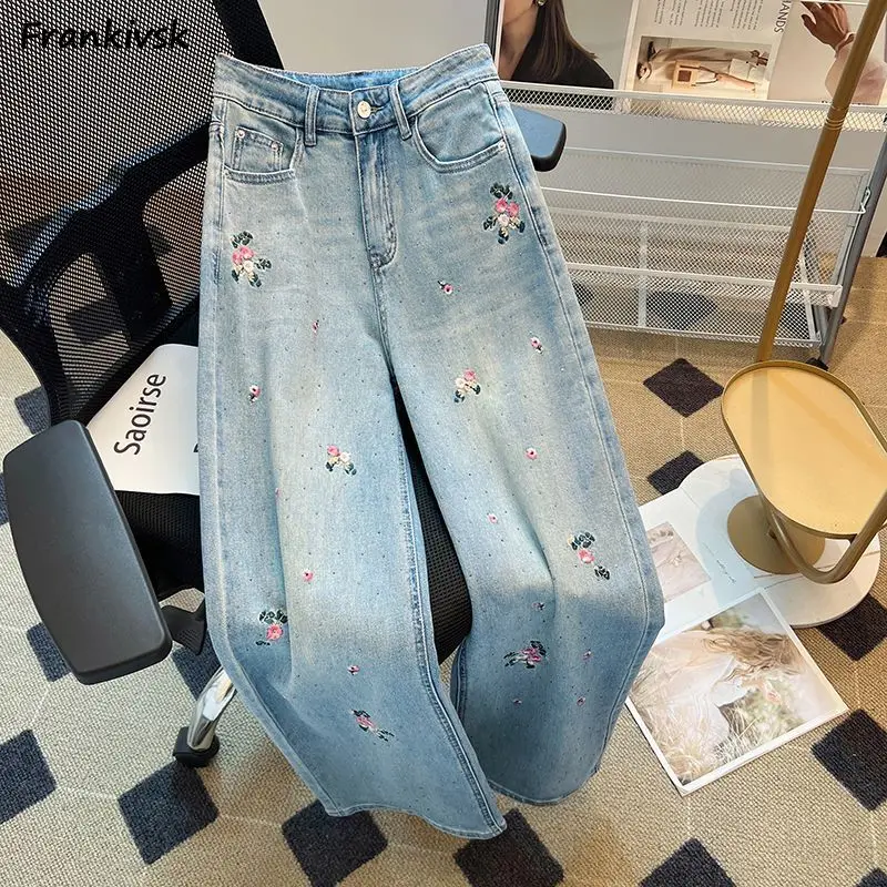 Wide Leg Jeans for Women Baggy Elegant Flower Embroidery Tender  High Waist Chinese Style Aesthetic All-match Holiday Trousers