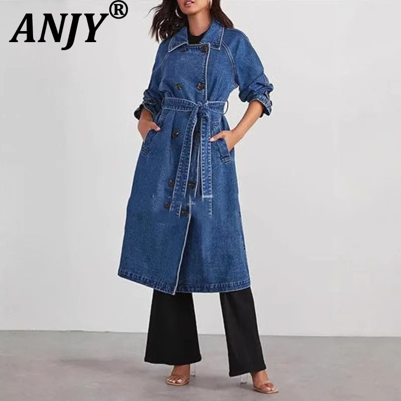 

ANJY, осенне-зимний новый женский модный элегантный джинсовый плащ, уличная одежда, длинная куртка на шнуровке с отложным воротником и пуговицами A13025