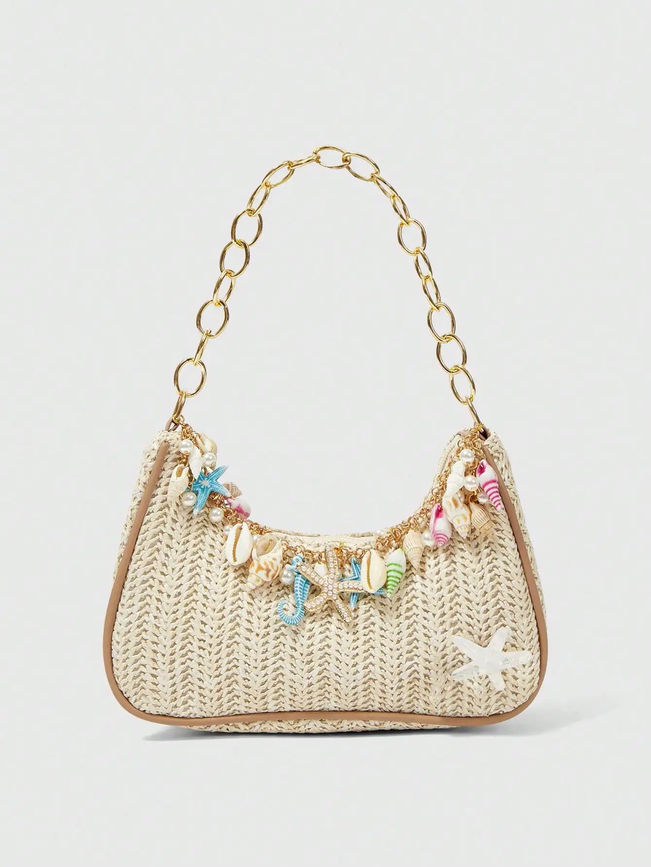 

Woven Straw Shoulder Bag with Seashell & Starfish Charms for Summer Beach