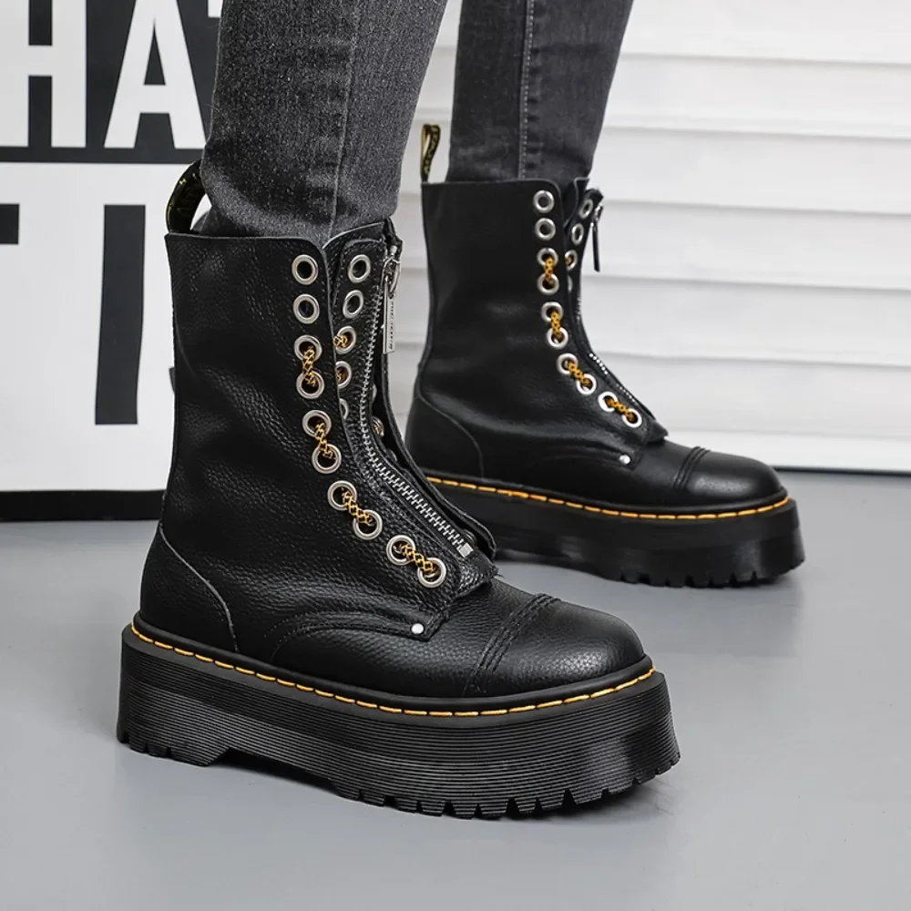 Femmes bottes en cuir véritable plate-forme bottes moto chaussures avant fermeture éclair semelles optiques mode Sexy Punk luxe hommes bottes d'hiver