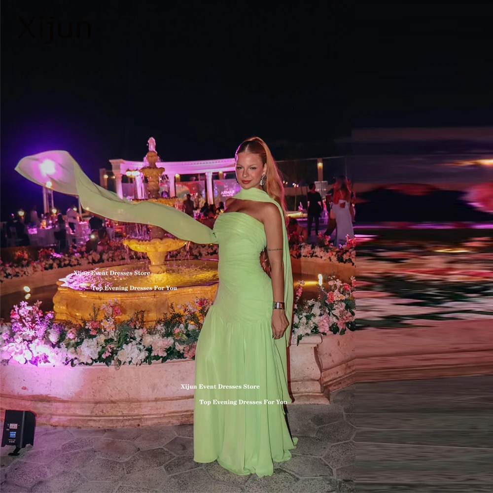 

Xijun Green Chiffon Long Evening Dresses Scarf Pleated A-Line Prom Dresses Split Saudi Arabic Sleeveless Prom Gowns Customized
