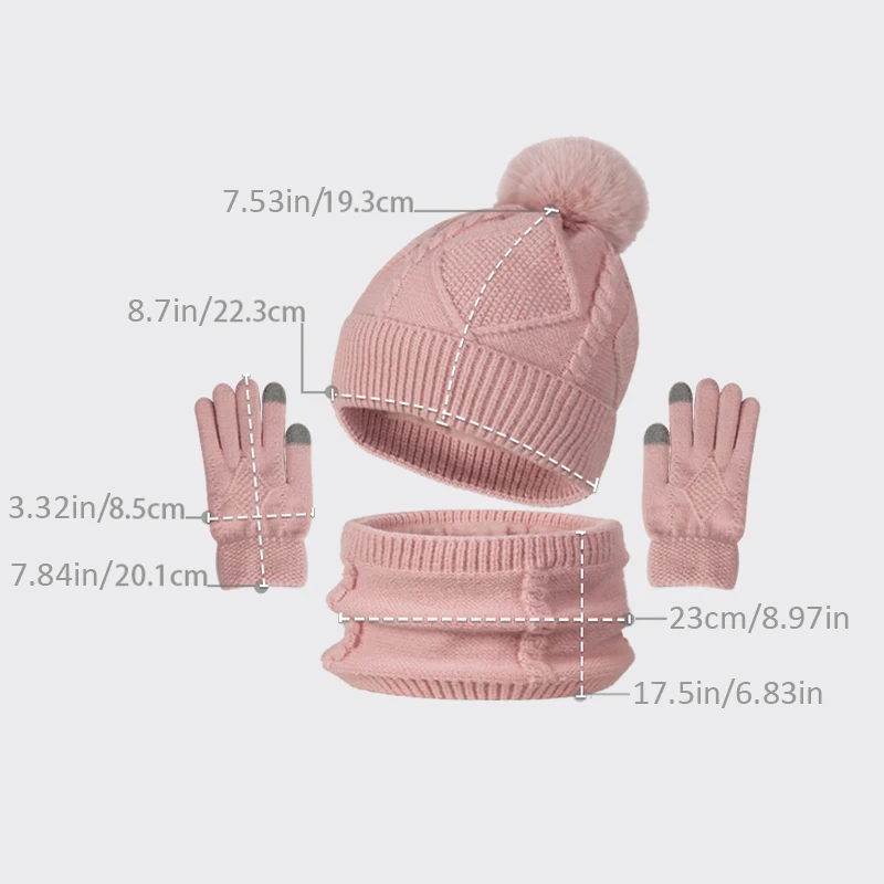 3종 여성 겨울 모자 스카프 터치스크린 장갑 털 볼 니트 비니 모자 넥 워머 세트 따뜻한 여성용 모자 십대 소녀 모자