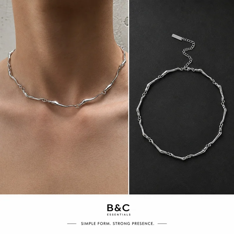 B&C Solid Shiny Cuban Link Necklace For Men Premium Metallic Daily Statement Chain