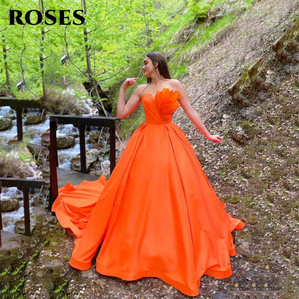 

ROSES Feather Sweetheart Orange Prom Dresses Exquisite A Line Evening Dresses For Wedding Sleeveless Stain платье на выпускной