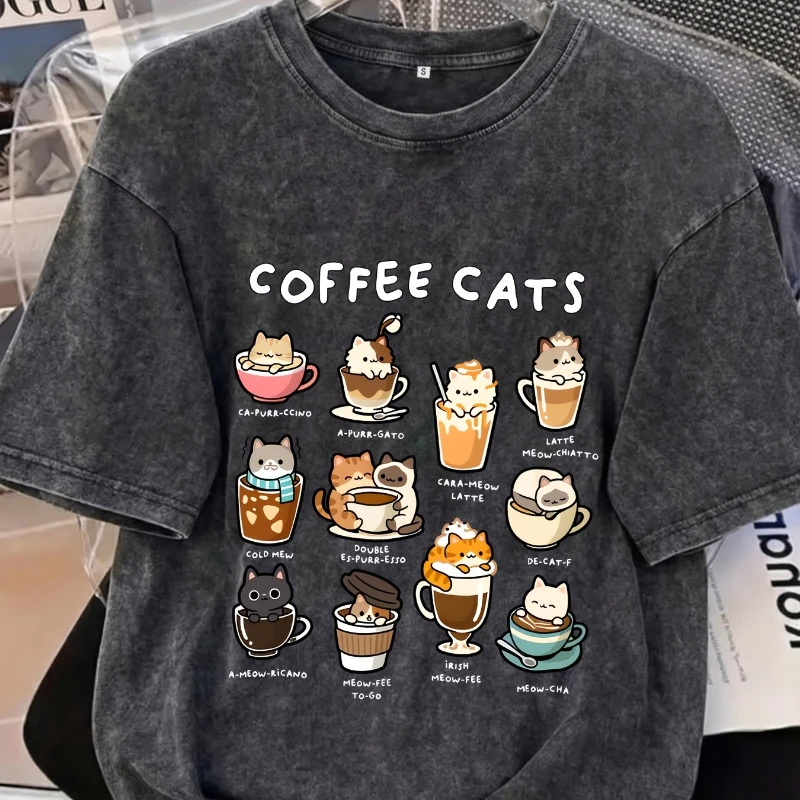 Coffee Cat Emoji T-shirt Washed Cotton Short-sleeved Shirt Oversized Loose Round-neck Top Suitable for Men Women Summer Shirt