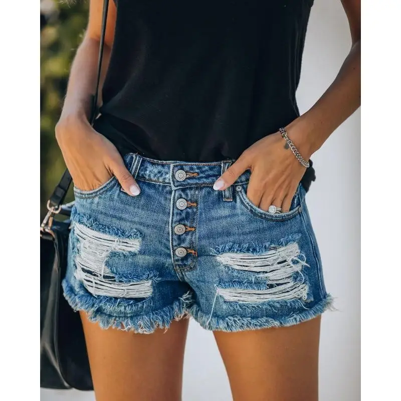 Ripped Distressed Jeans Shorts Denim Washed Tassel Button High Waist Holes Spliced Vintage Pockets Sexy Slim Fit Streetwear