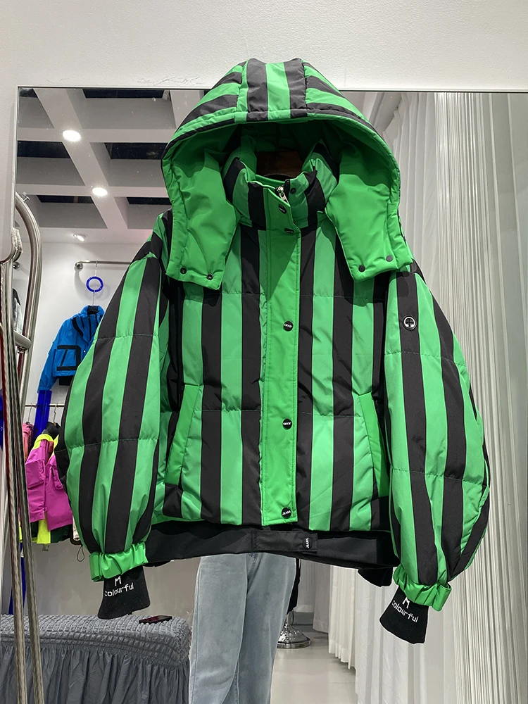 

Зимний короткий полосатый пуховик с капюшоном, парка, женская толстая стеганая водонепроницаемая верхняя одежда, пальто, женский теплый пуховик на белом утином пуху