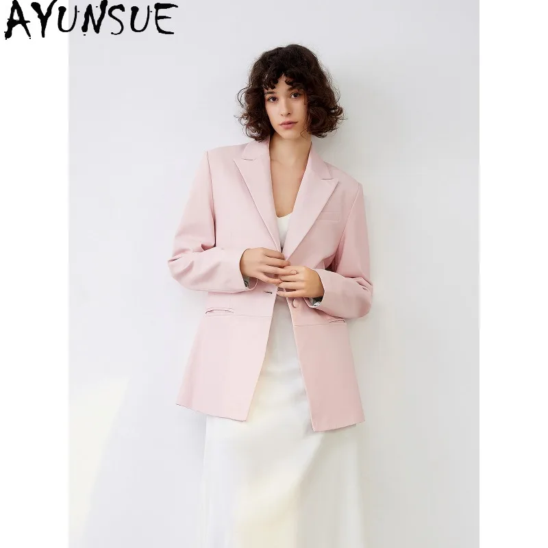 AYUNSUE Real Leather Jacket Woman Relaxed Suits Collar Pink Leather Jacket Fashion Sheepskin Outerwears Woman Clothes 가죽자켓