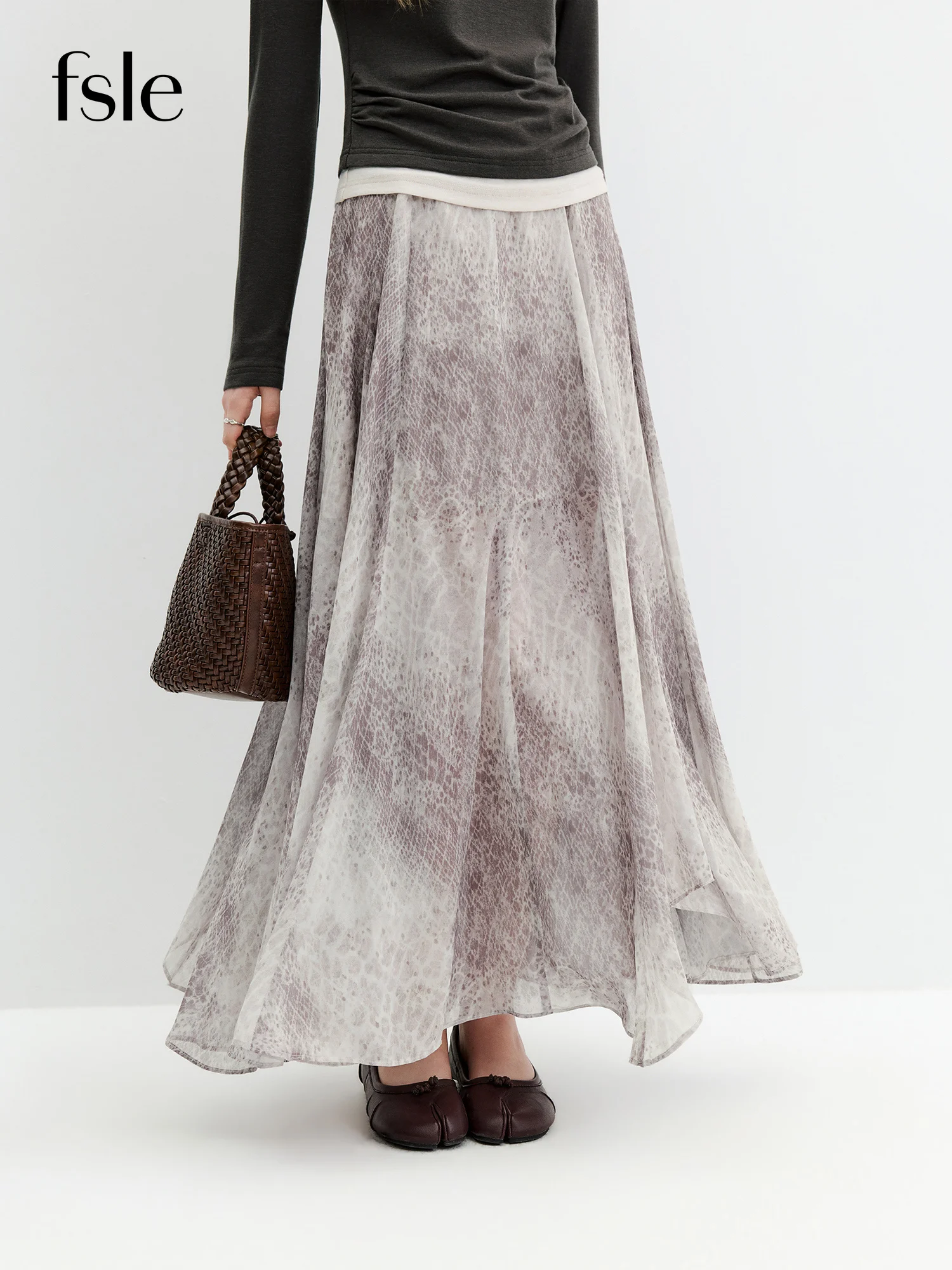 FSLE Irregular Snakeskin Pattern Chiffon Print Midi Skirt Women's Autumn 2026 New Style A-line Long Skirt Hot Girls Streetwear