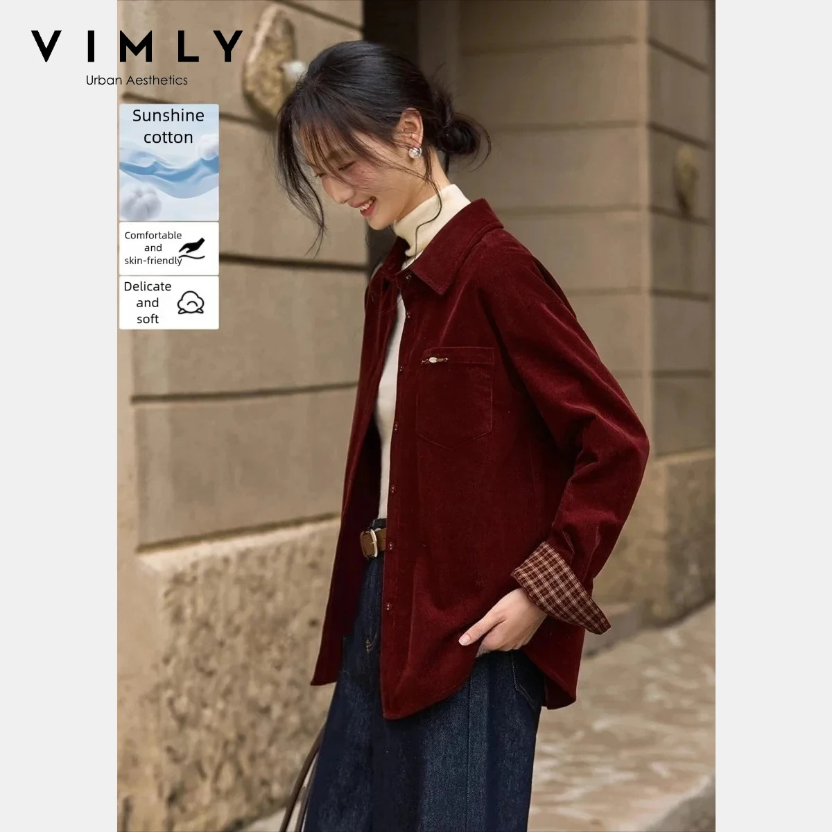 

VIMLY 100% Cotton Women Shirts 2025 Winter Vintage Splice Plaid Long Sleeve Shacket Woman Fashion Lapel Collar Loose Coat A3576