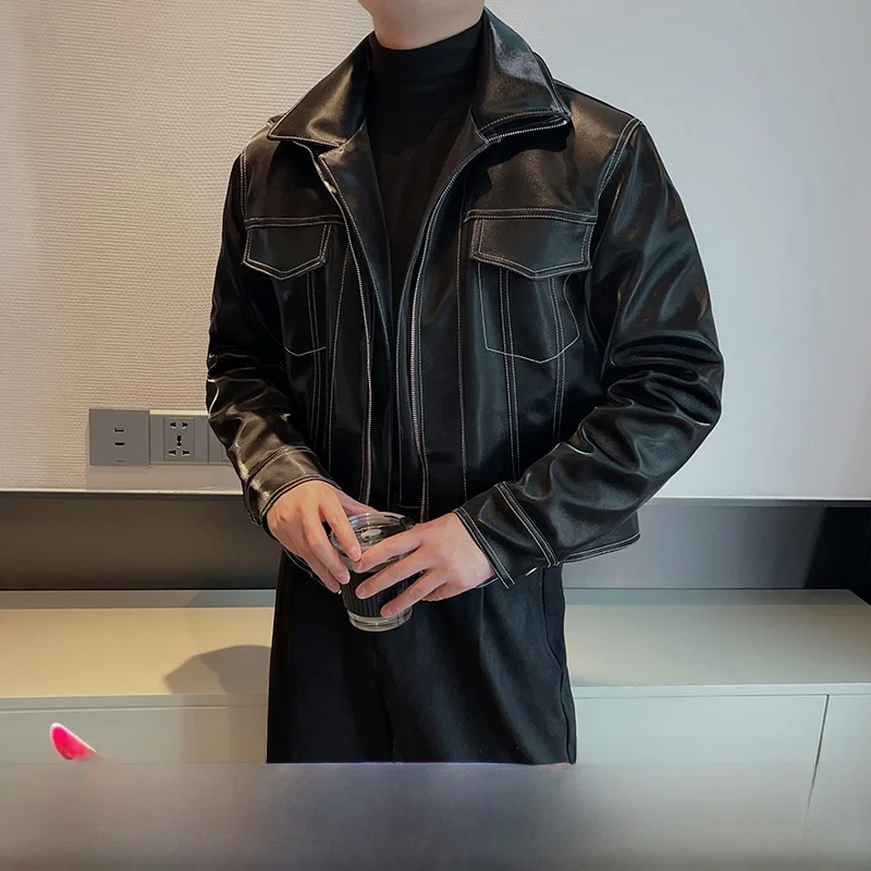 

Autumn Winter Thiened ort Collar Men's Jaet Trendy Motorcycle Leather Coat Outerwear Sli Top Youth Casual Sle