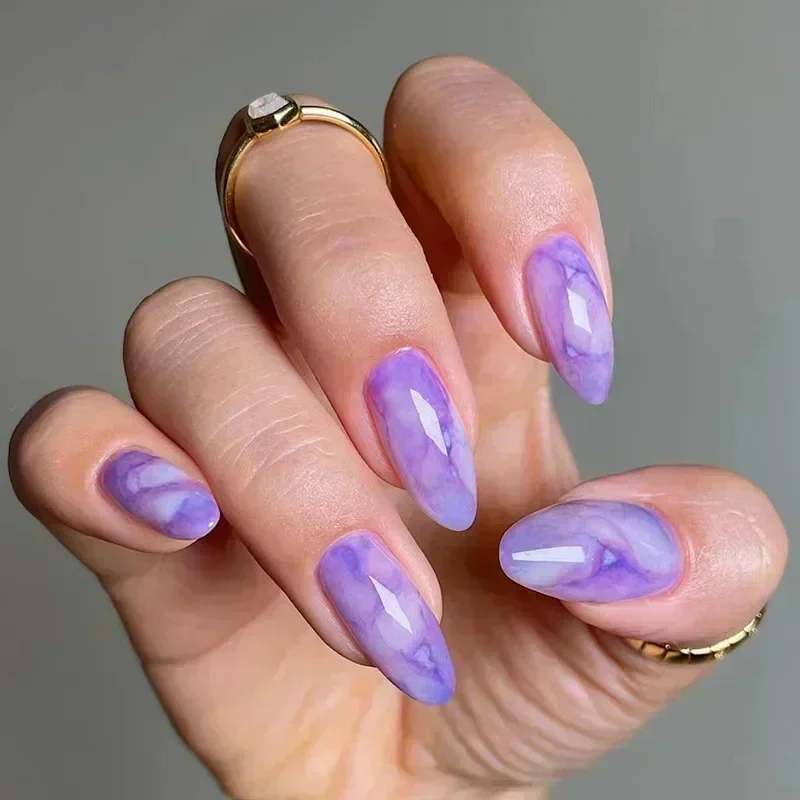 24Pcs Short Almond Press on Nails Colorful Halo Dyeing Blue Starry Sky French Fake Nails Set Manicure Nail Art Tips Artificial Nails