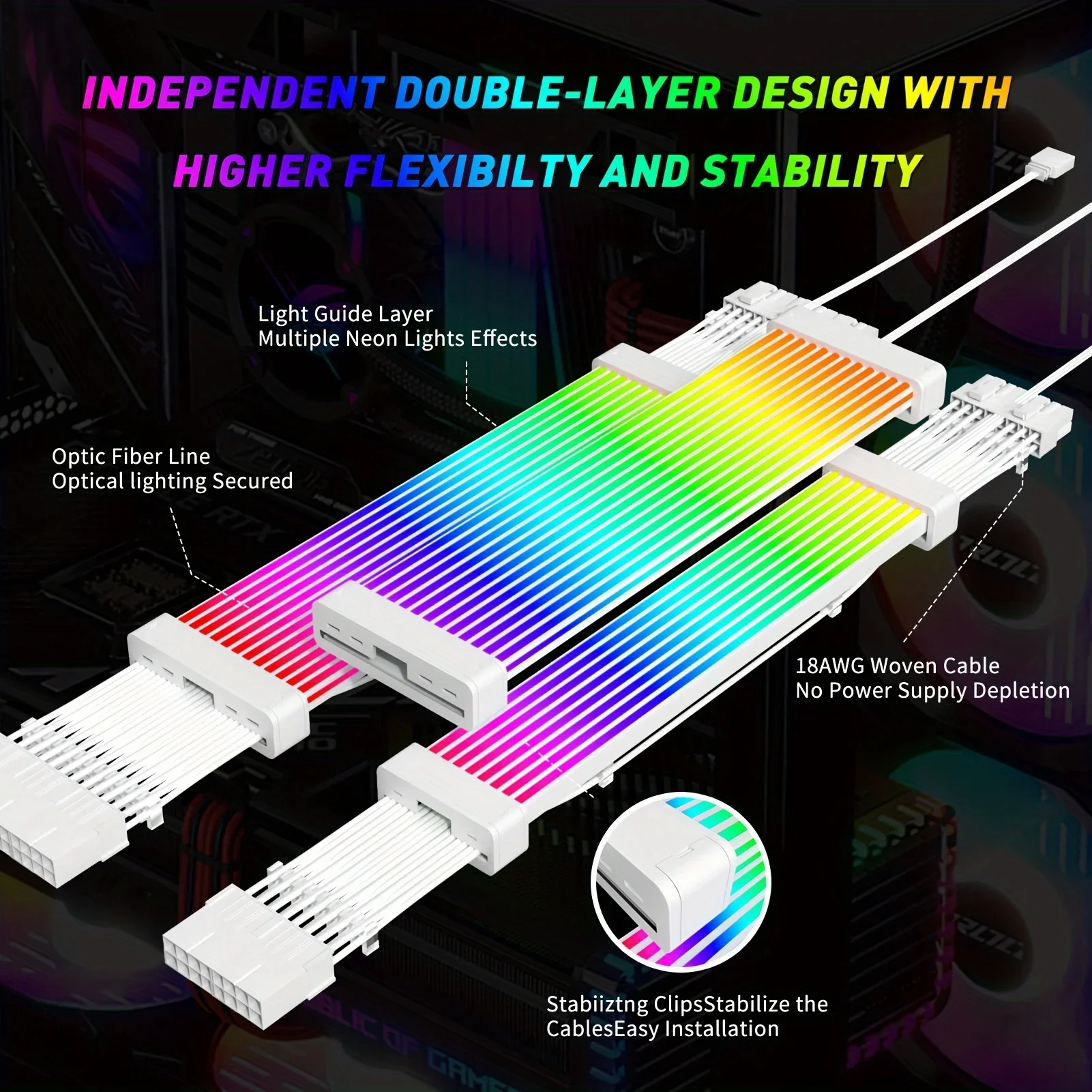 24 Pin  ARGB Power Extension Cable Kit  ATX 3*8PIN 2*8PIN GPU Cable 5V 3Pin Synchronized PSU Cable with LED Diffused Soft Tube