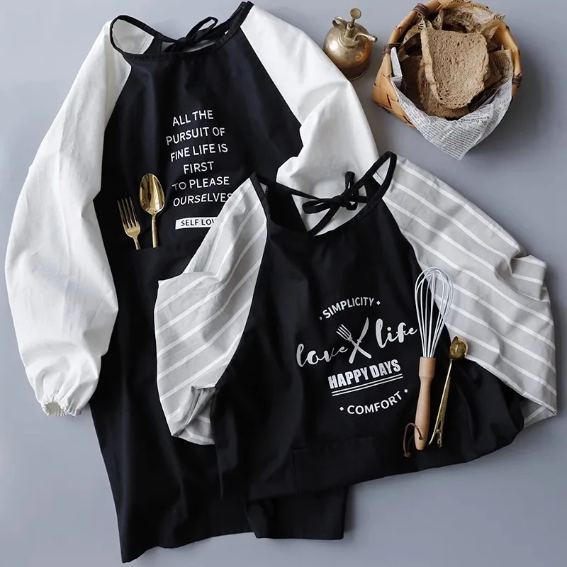 

Oilproof Long-sleeved Cotton Kitchen Apron Men and Women for Painting Restaurant Waiter Work Clothes With Sling and Pocket