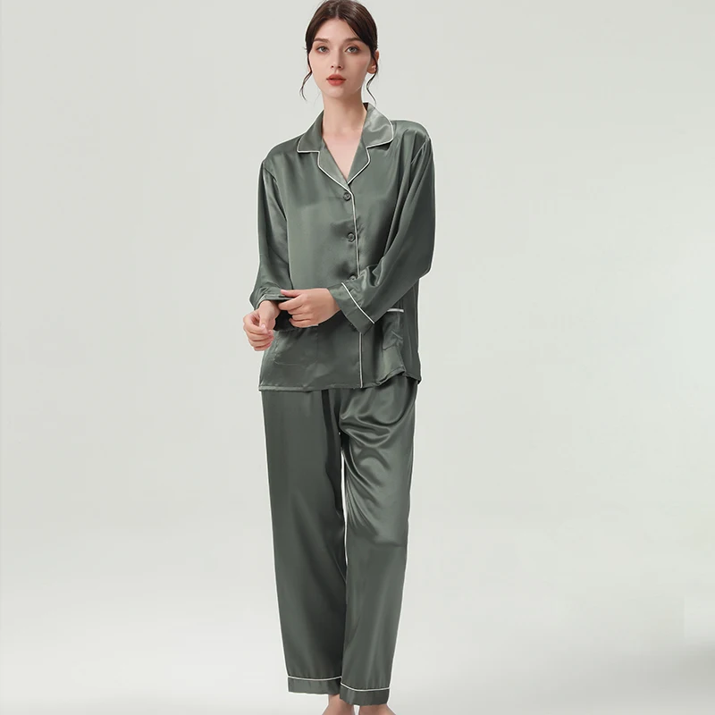 

30 мм 100% шелковая пижама с длинными рукавами, роскошный женский пижамный комплект из двух предметов, однотонные домашние костюмы, нижнее белье для сна и отдыха PJS