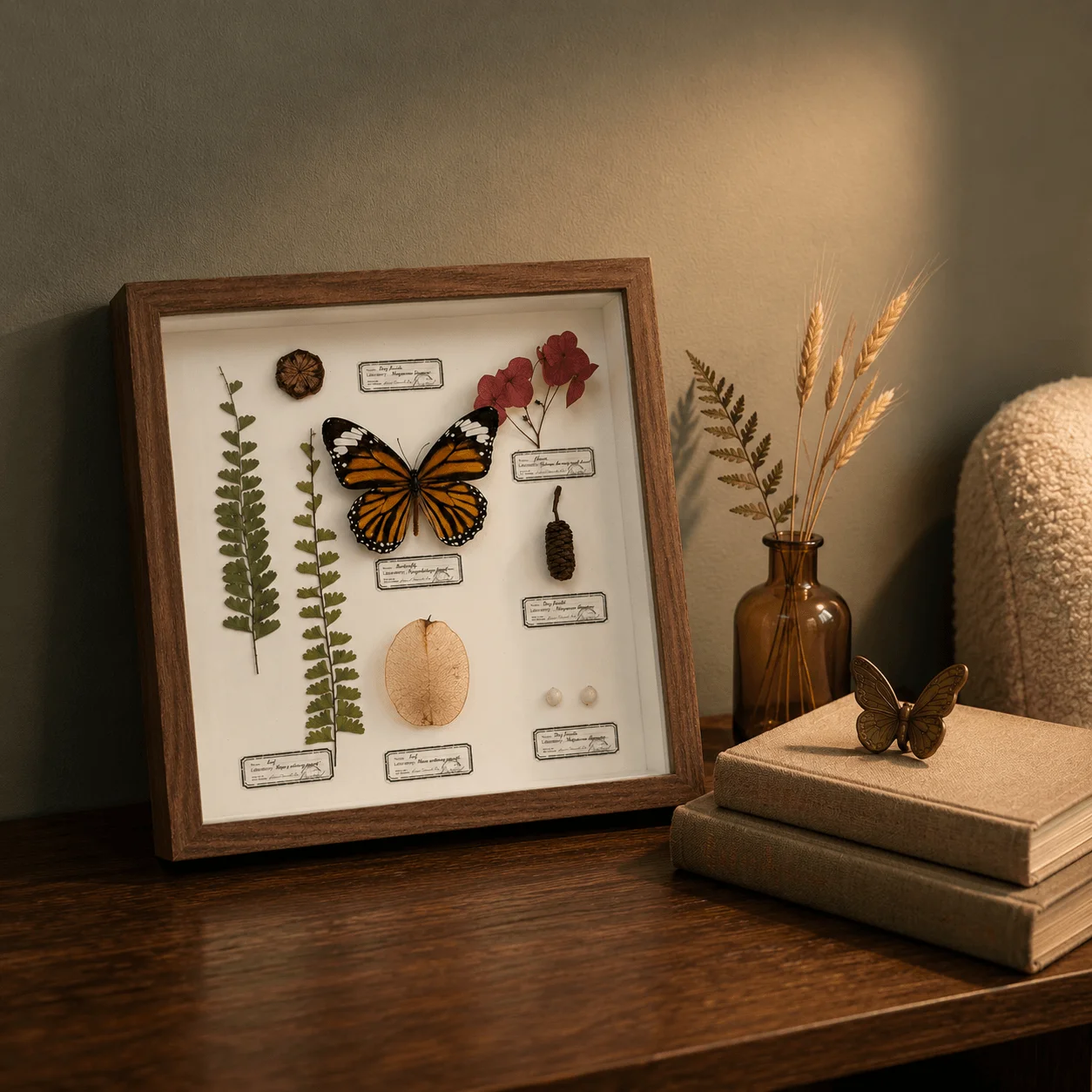 Handmade Light Boho Butterfly Botanical Shadow Box Frame, Natural Dried Flower Wall Decor, Minimalist Rustic Cottagecore Art