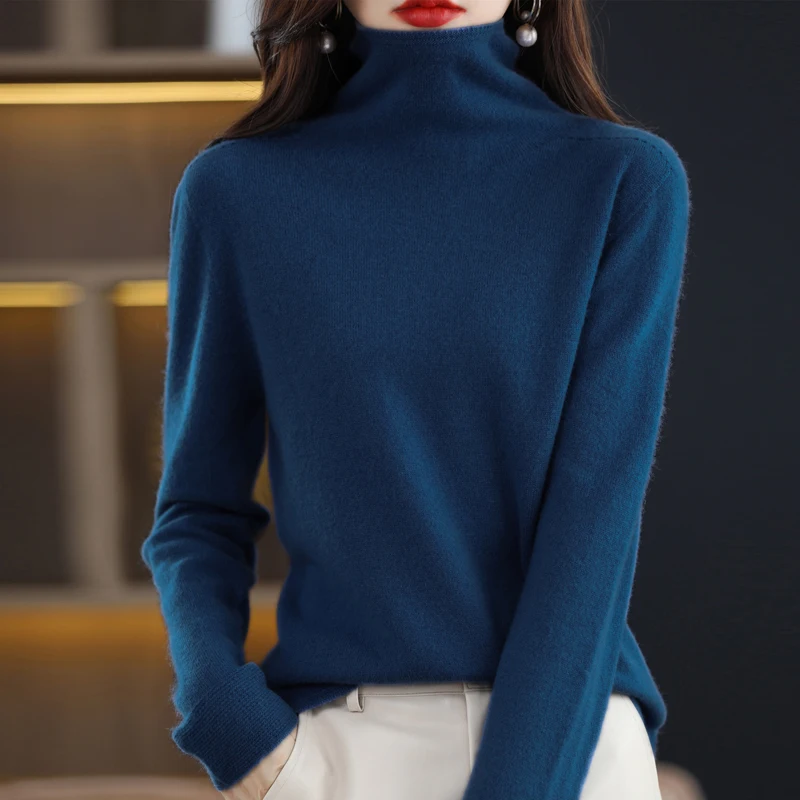 BELIARST 100% Merino Wool Clothing Women\'s Pile Neck Knitted Sweater Autumn Winter 2023 Long Sleeved Top Bottoming Shirt Fashion