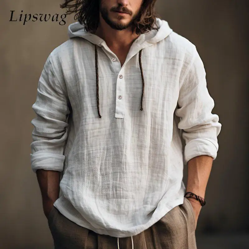 Classic Men Cotton Linen Hoodie T-shirt Autumn Vintage Button Lace-up Long Sleeve Hooded Tops For Mens Fashion Hoodies Pullover