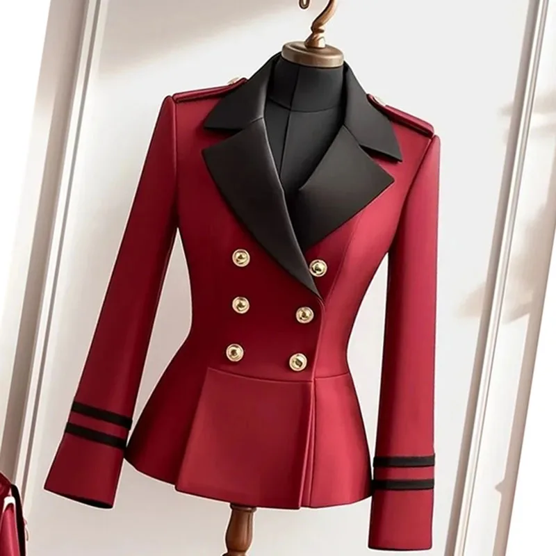 2025 Spring Autumn Women's Jacket Popular Explosions Anchorage Red Suit Jacket Temperament Slim Waist Advanced Contrast Jacket