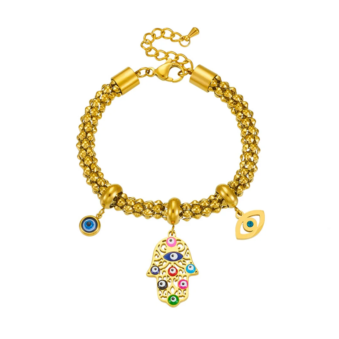 Vintage Evil Eye Hand of Fatima Plam Charm Bracelet Female Gold Color Stainless Steel Popcorn Chain Bracelet for Women Jewelry