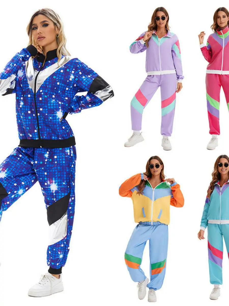 

80-е годы Ретро Диско Хип-Хоп Спортивные Джуте Брюки Комплект Хэллоуин Костюм Для Взрослых Женщин Танцевальная Одежда Повседневный Сценический Наряд