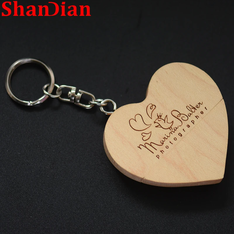 Free Logo Heart 128GB USB Flash Drive Free Key Ring Wooden Wedding Gift Pen Drives 64GB Memory Stick Maple U Disk Creative Gift