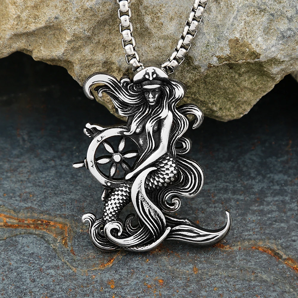 Vintage 316L Stainless Steel Captain Mermaid Pendant Pirate Compass Necklace For Men Fashion Amulet Jewelry Gifts Dropshipping