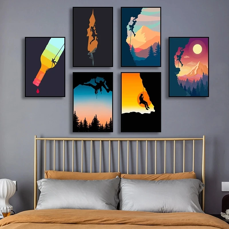 Abstract Rock Climbing Adventure Posters and Prints Canvas Painting Mountain Sun Wall Art Pictures for Living Room Home Decor