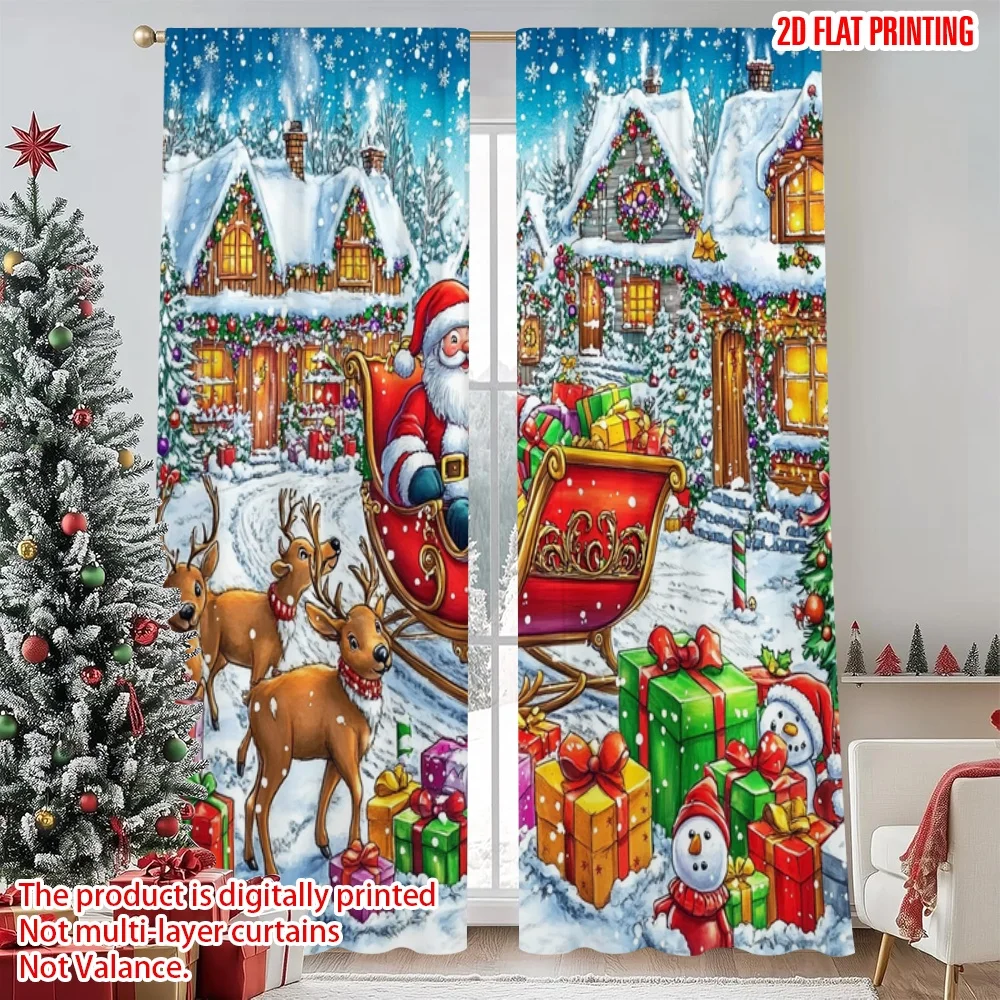 2pcs 2D flat printing Merry Christmas Trendy Curtains Holiday Santa Claus and Reindeer Christmas Scene Digital Printed Polyester