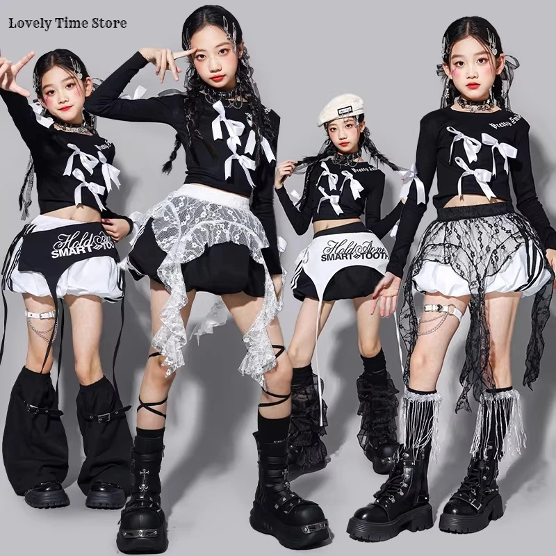 Girls K-pop Sweet Bow Crop Top Cargo Pants Street Dance Skirts Kids Hip Hop Streetwear Children Teen Jazz Girl Group Clothes Set