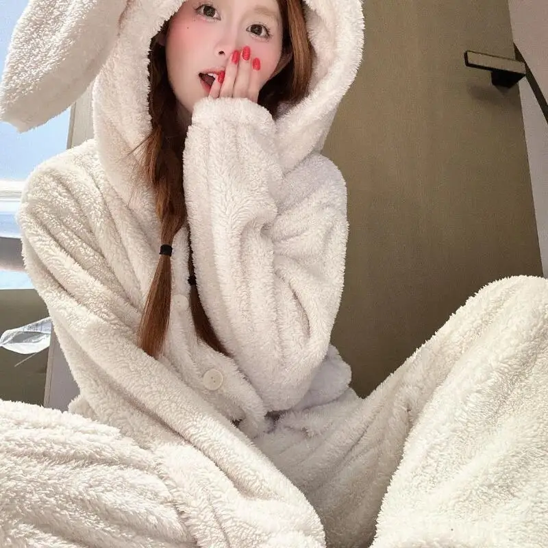 

Thickened Coral Fleece Set Women's Pajamas Flannel Autumn Winter Girl's Student Warm Homewear Sleepcoat Wearable As Outerwear