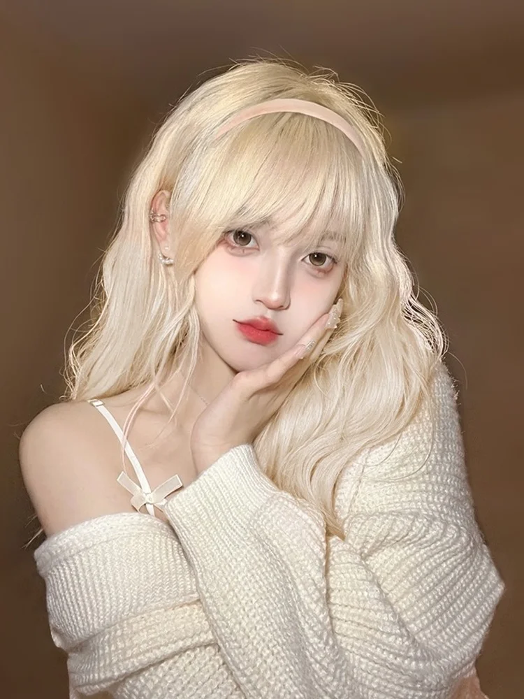 Pale Gold Wig Women's Long Hair Cos White Gold Full Head Cover Lolita Large Wave Long Curly Hair Natural Round Face Wig Cover