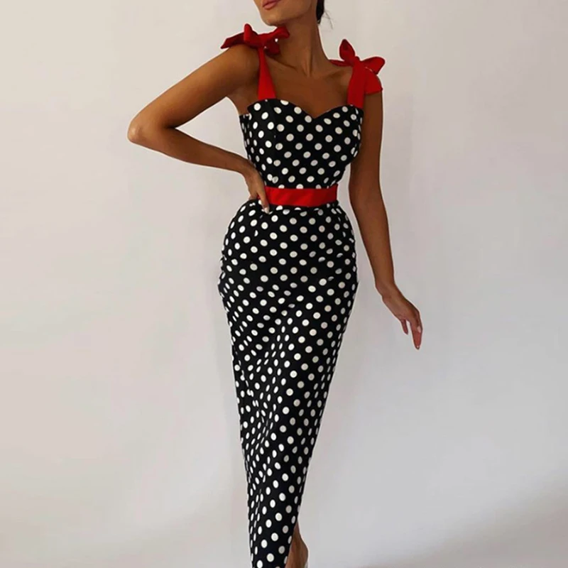 

Sexy One Shoulder Backless Dress Fashion Polka Dot Waist Cinch Dress Elegant Contrasting Splice Sleeveless Beach Vacation Dress