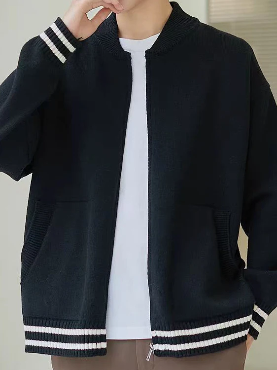 

Мужской бейсбольный вязаный открытый кардиган Long Sve, свободный крой, весна-осень, полосатый повседневный трикотаж, модная верхняя одежда