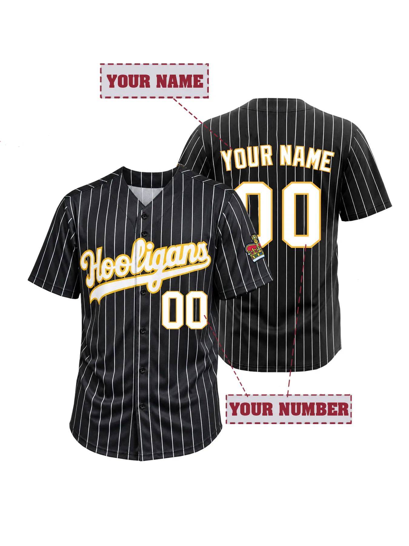 Custom Men Women Hooligans Baseball Jersey Personalized Embroidered Name and Number Pinstripe Button Down Short Sleeve Uniform