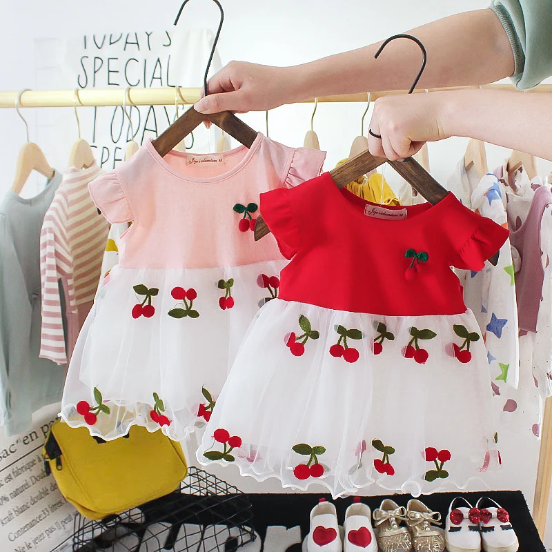 Baby Girl Summer Short-sleeved Dress small cherry embroidery mesh stitching dress girl princess