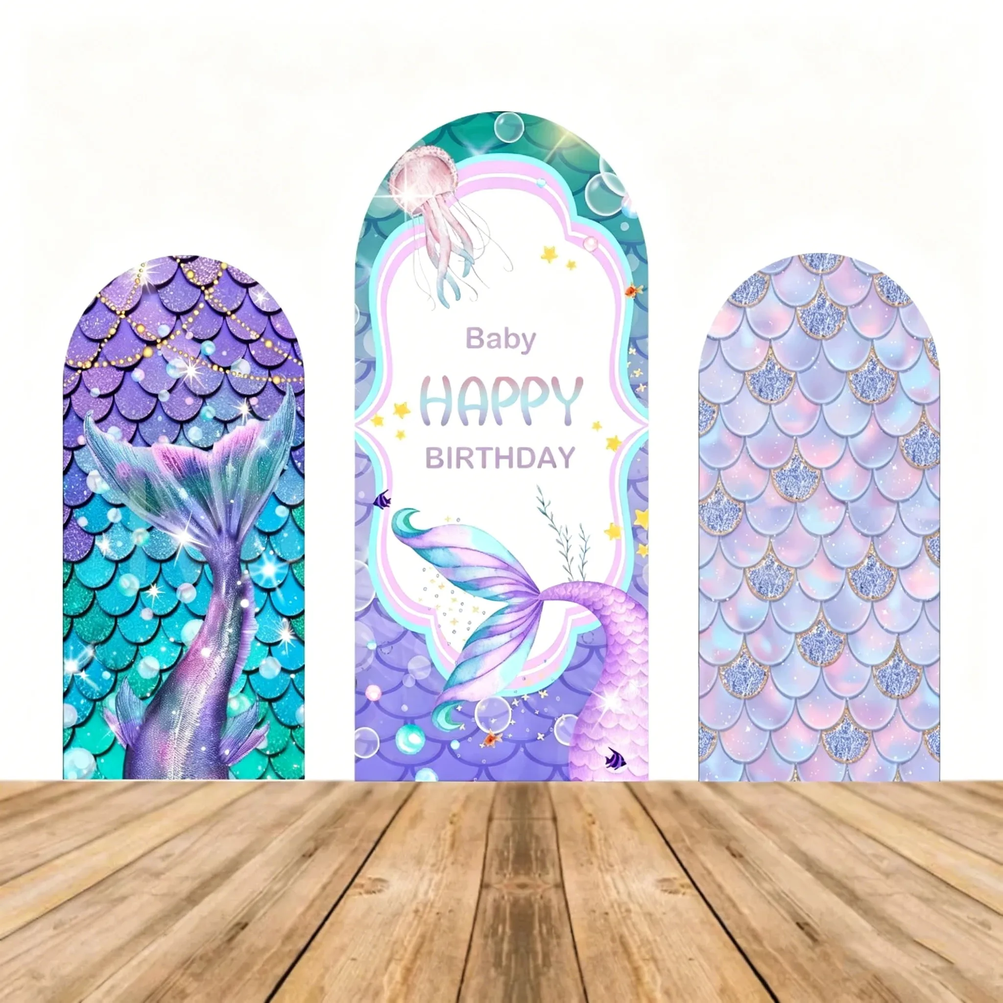 Mermaid Tail Chiara Arch Background Cover for Happy Birthday 2-sided Fish Scales Under the Sea Photo Backdrop Personalized Text