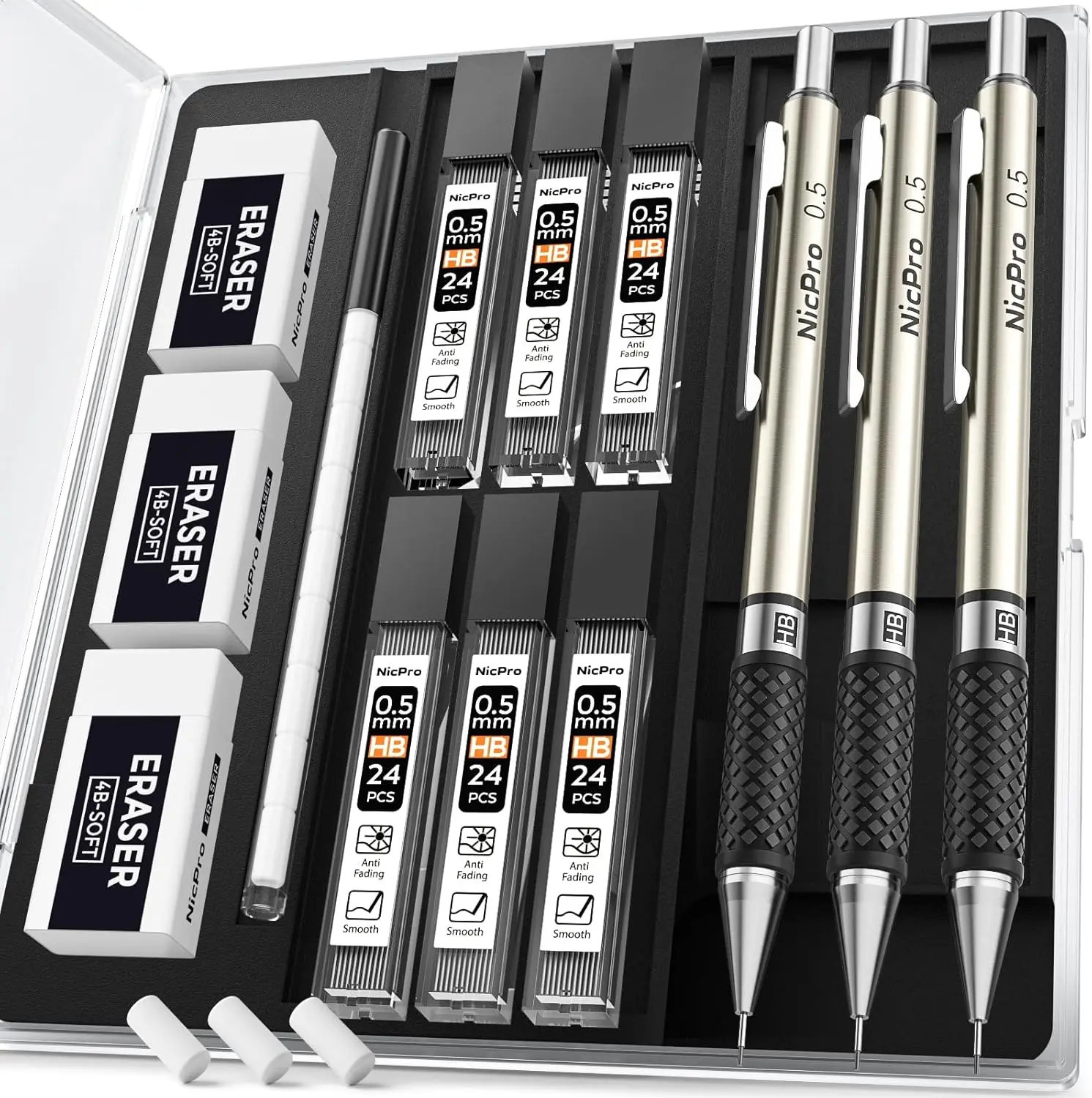 

0.5mm Metal Mechanical Pencil Set with Storage Case, Includes 3 Pencils, Lead Refills, Erasers for Drawing and Writing